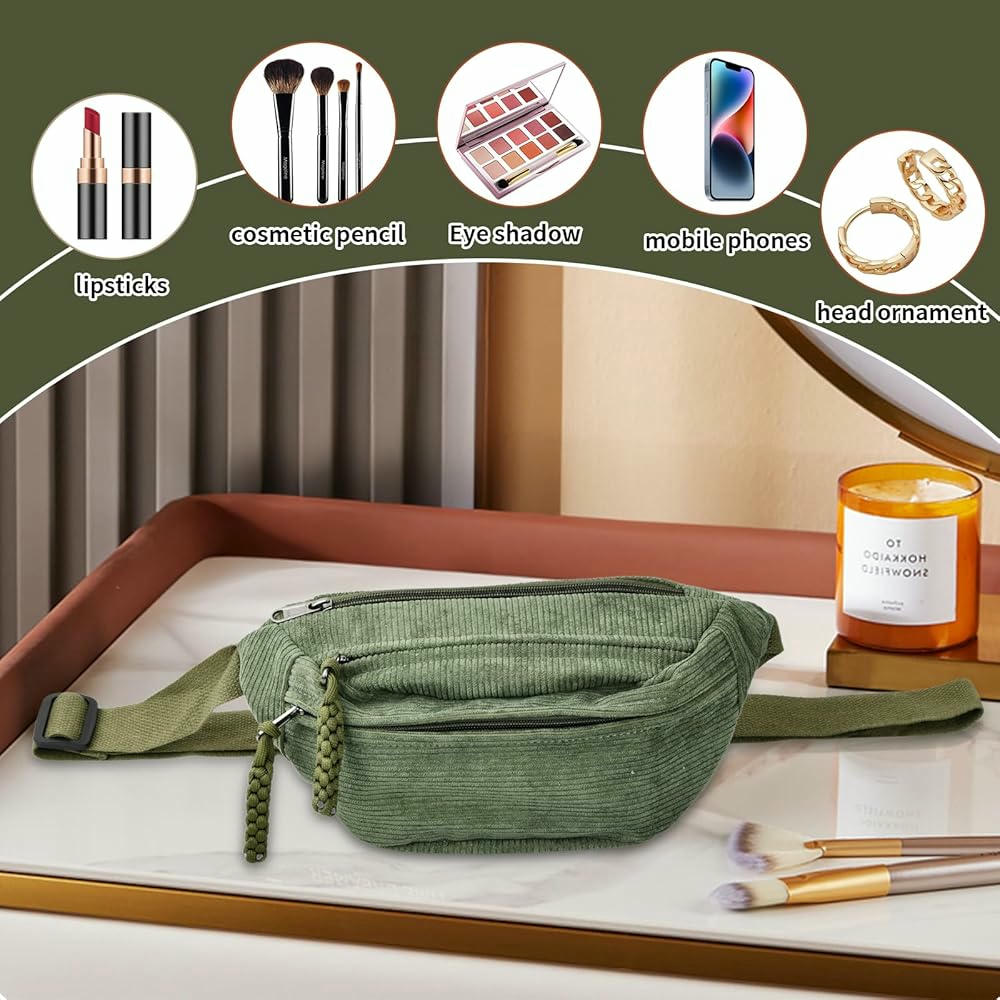 Bossa de pana verda per a homes i dones, bossa creuada ajustable per a córrer, fer senderisme, escola i viatges