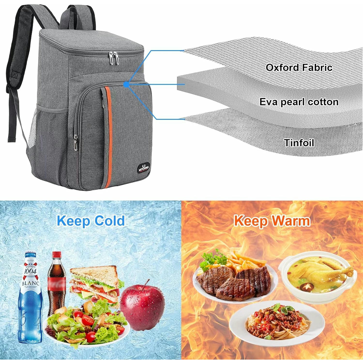 Cozlly Mochila Nevera Isotermica 18 litros, Mochila Termica Porta Alimentos Portatil, Bolsa Refrigeradora Grande Impermeable para Hombres y Mujeres, Picnic, Trabajo, Playa (Gris)
