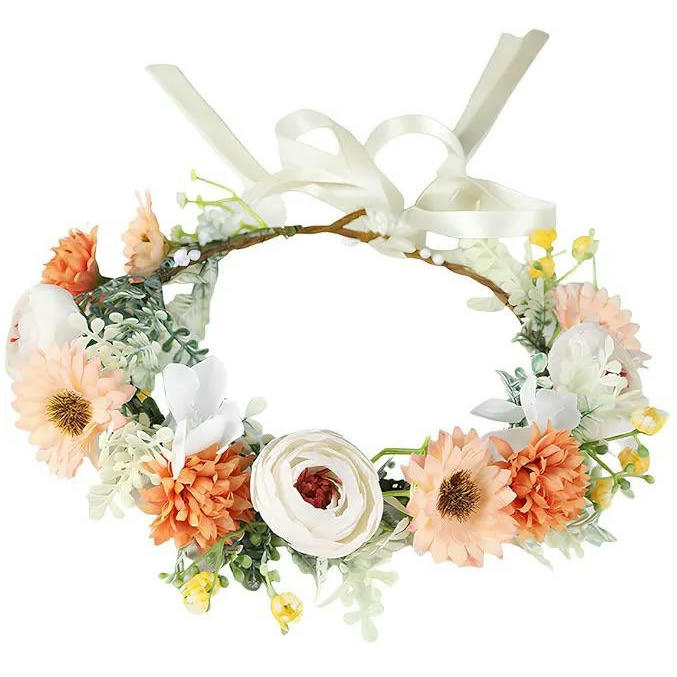 Diadema de Flores para Niña y Mujer con Cinta Ajustable, Ideal para Ceremonias y Festivales, 19 cm (Naranja Multicolor)