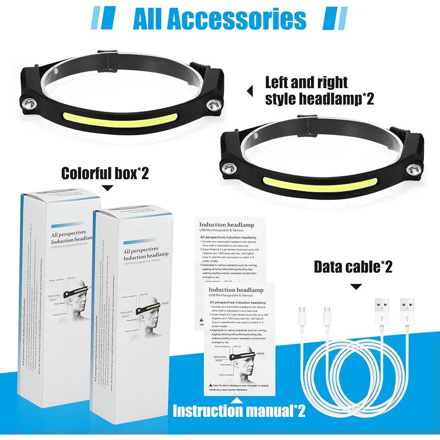 Linterna frontal LED recargable, 2 linternas superbrillantes con sensor de movimiento, 5 modos de iluminación, diadema impermeable, ideal para camping, correr, pesca y ciclismo