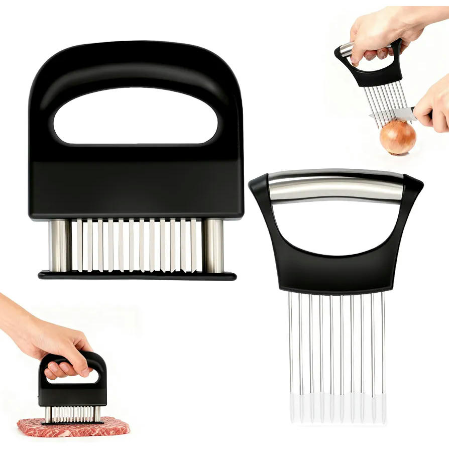Juego Combinado de Ablandador de Carne y Aguja para Cebolla, 2 Piezas de Acero Inoxidable (Negro)