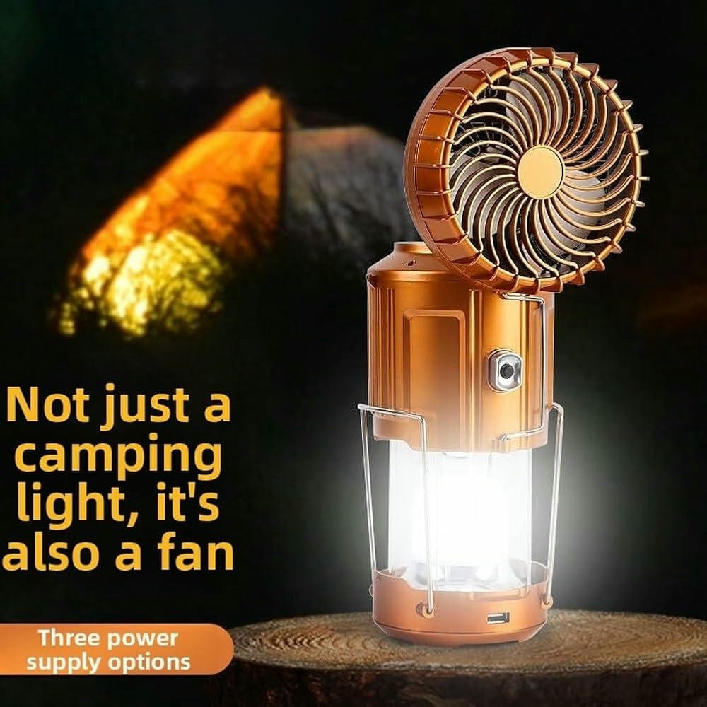 Linterna portátil LED 6 en 1 con ventilador recargable USB para camping y actividades al aire libre (Naranja)