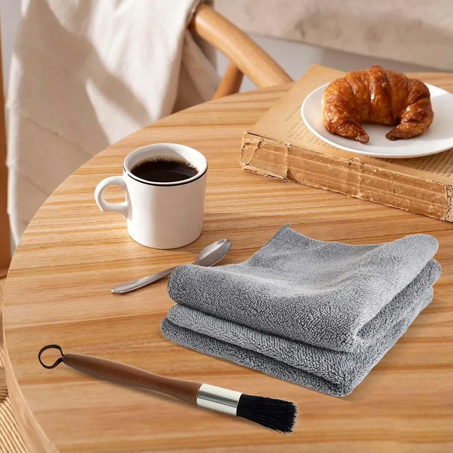 Set de Limpieza para Cafeteras con Brocha de Madera y 2 Paños de Microfibra (Gris)