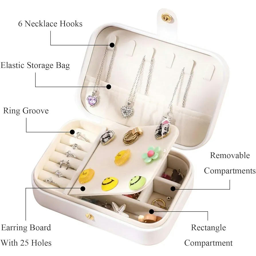 Joyero Organizador para Mujer de Cuero PU, 2 Capas y Forro de Terciopelo, Blanco