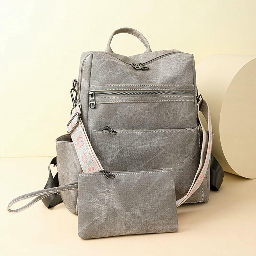 Mochila de piel sintética para mujer, gran capacidad, casual, con correa para bolso, ideal para viajes y uso diario (Gris)