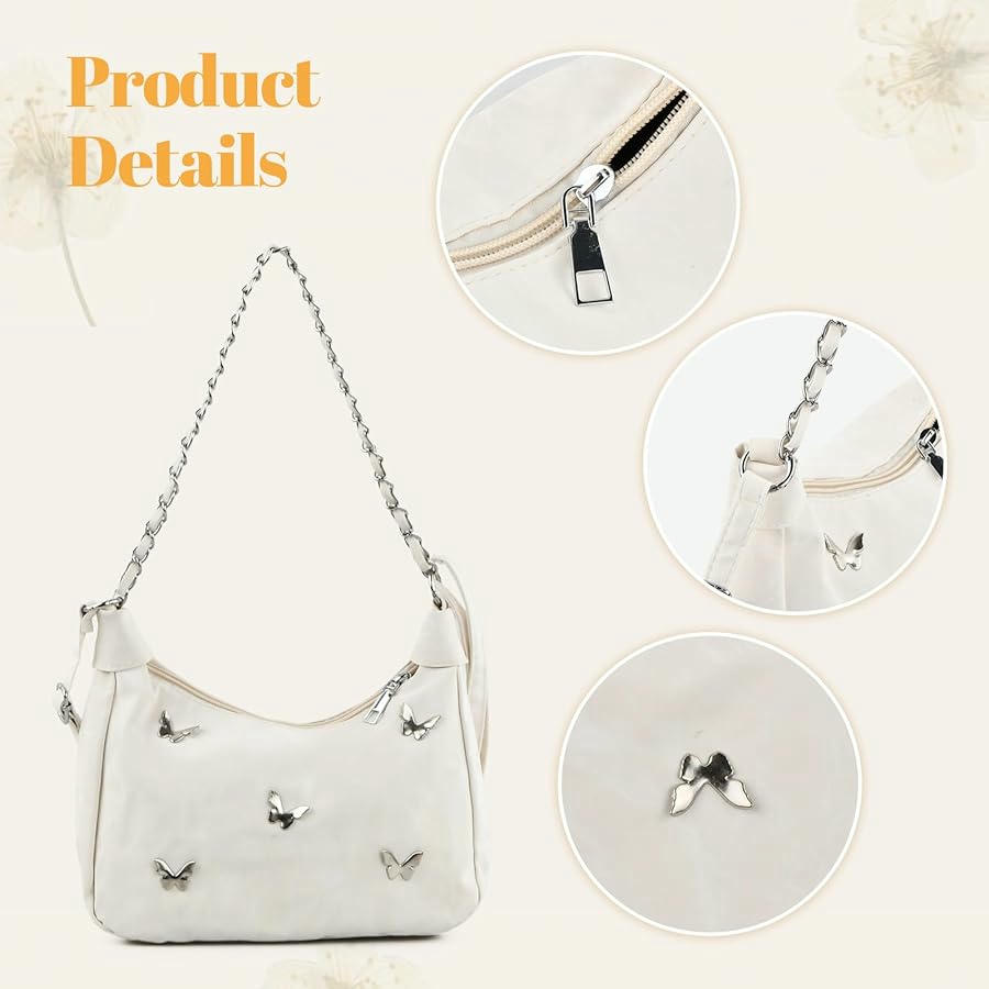 Bolso de Hombro para Mujer, Bandolera Plisada de Gran Capacidad con Lazo y Cadena (Blanco)