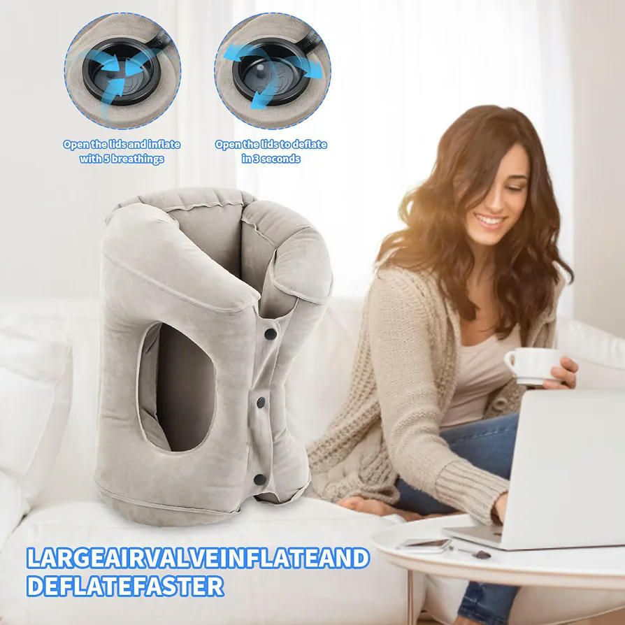Almohada de Viaje Hinchable con Soporte Cervical, Fácil de Inflar, Ideal para la Oficina y Viajes, en bolsa de transporte, Color Gris