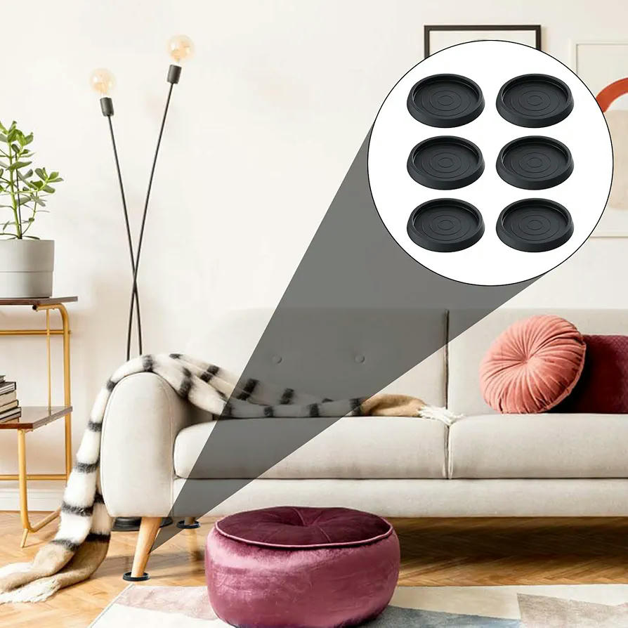 Tazas de Goma para Muebles, Almohadillas Antideslizantes Redondas, Soporte Estable para Patas de Muebles, Protector de Suelos, 6 Piezas, Negro