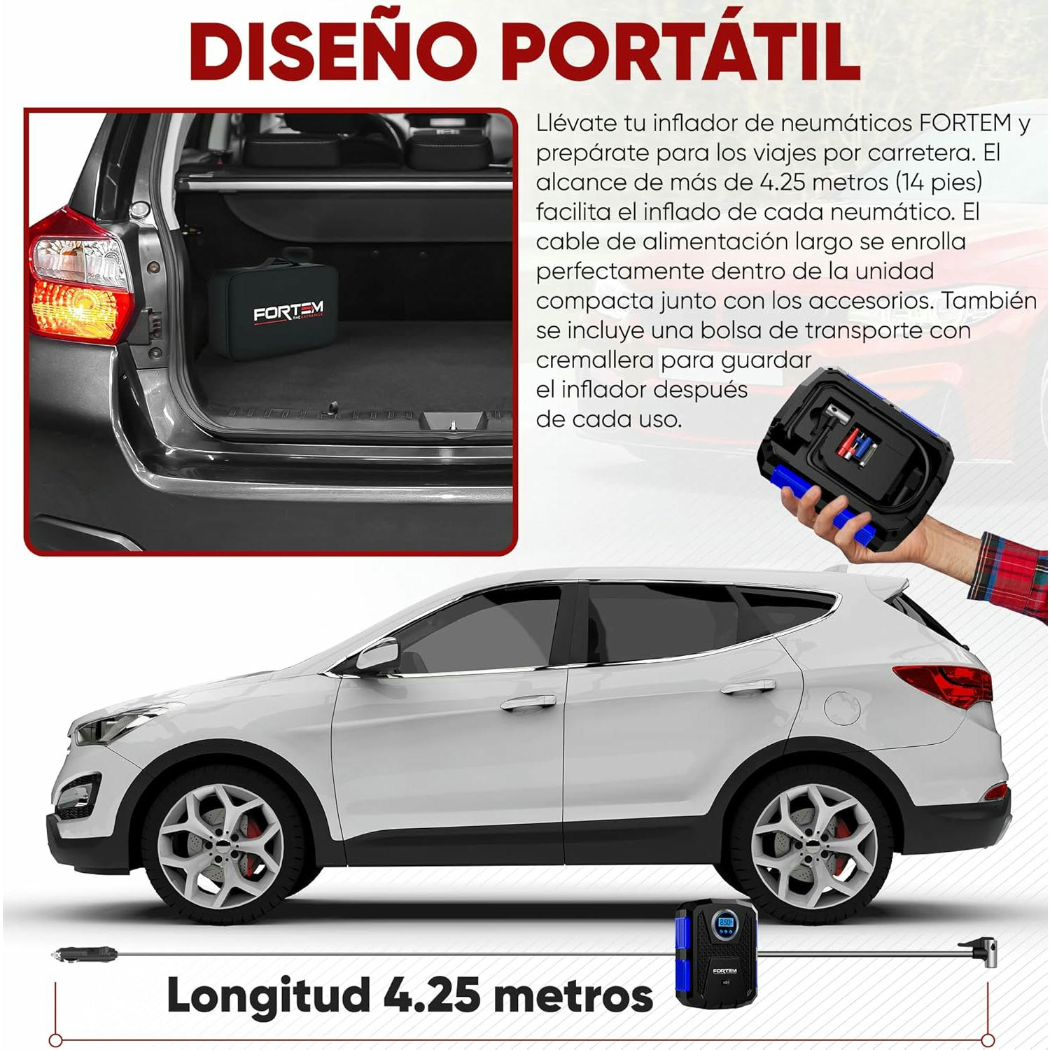 FORTEM Inflador de Ruedas de Coche, Compresor de Aire - Compresor de Aire Portátil para Ruedas de 12 V con Luz LED - Manómetro Digital, Autobombeo, Parada Automática - Bolsa de Transporte (Azul)