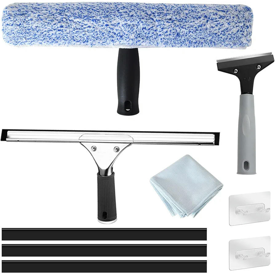 Kit de Limpiacristales Multifuncional con Escobilla de Silicona y Paños de Microfibra, Ergonómico y Extensible