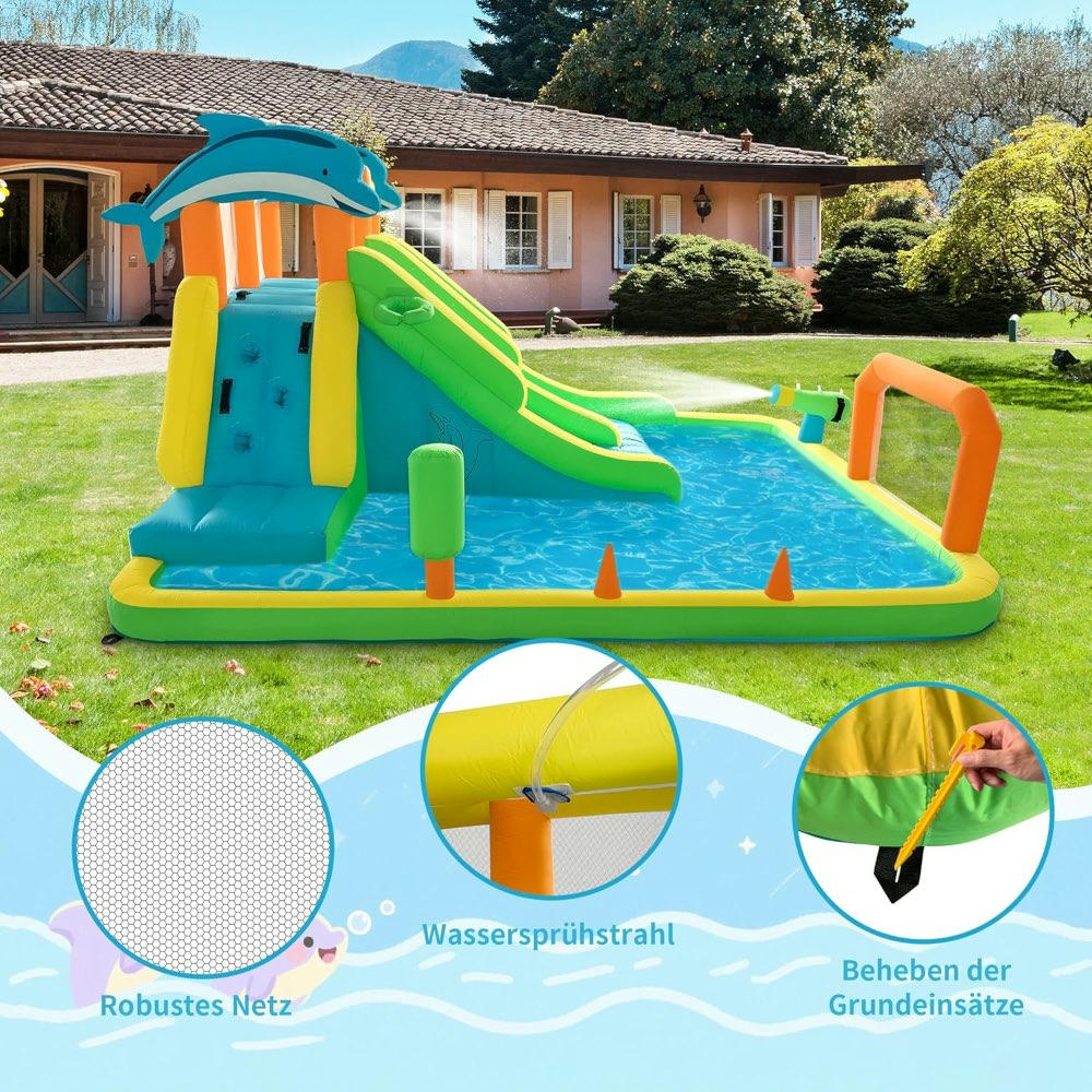 Castillo Inflable con Tobogán de Agua, Equipamiento Inflable, Parque Acuático para Niños, 2 Toboganes, Tema de Delfines, 393 x 304 x 220 cm