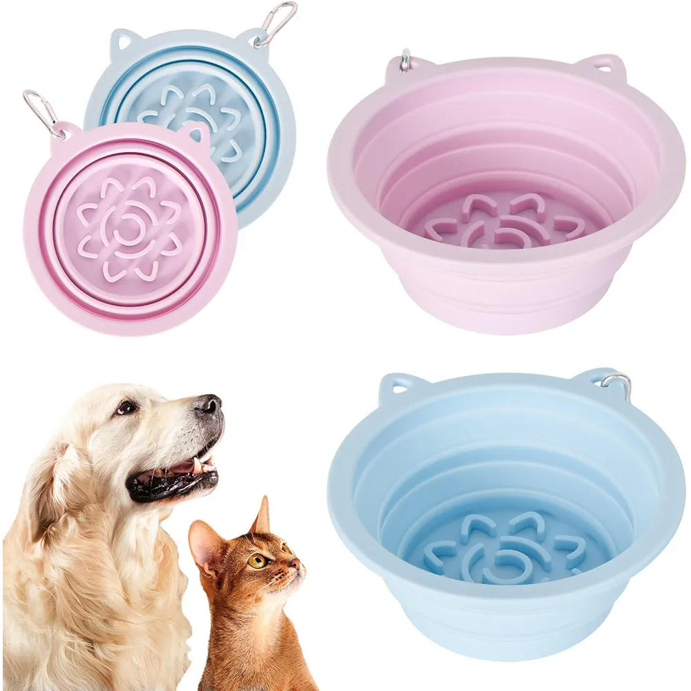 Pack de 2 Cuencos Plegables para Perro con Ventosa y Comedero Lento, 14 cm, 450ml (Azul y Rosa)