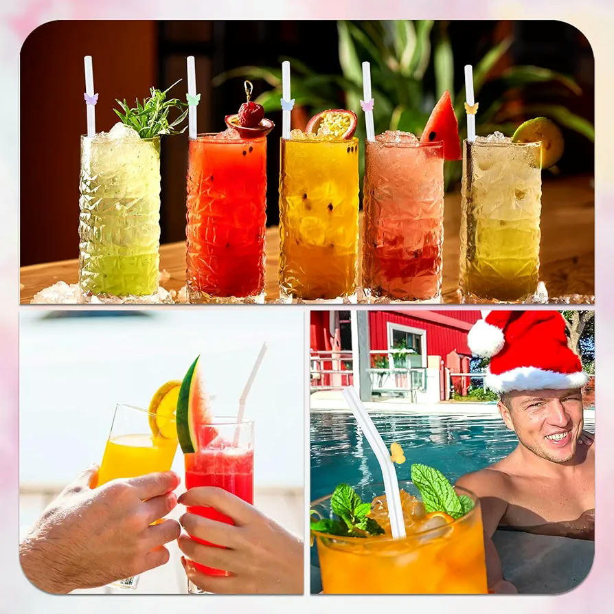 Pajitas de vidrio reutilizables sin BPA - Juego de 6 con decoración de mariposas, longitud de 20 cm, ideales para bebidas frías y calientes (Multicolor)