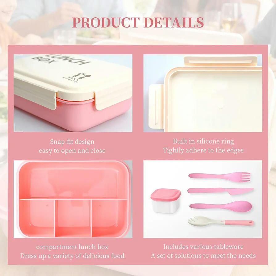 Fiambrera Bento Rosa con 4 Compartimentos 1000ml para Microondas y Lavavajillas