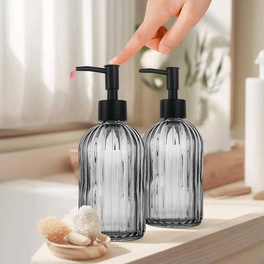 2 Piezas Dispensador de Jabón de Cristal Gris con Bomba de Plástico Negra, 400ml para Baños y Cocinas