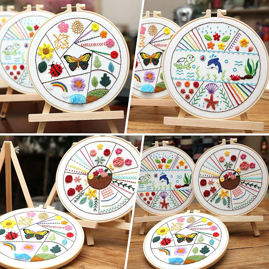 Kit de Bordado para Principiantes, 3 Piezas, Aros de Bordado de Plástico, Hilos de Colores, Agujas, Herramientas de Bordado y Punto de Cruz