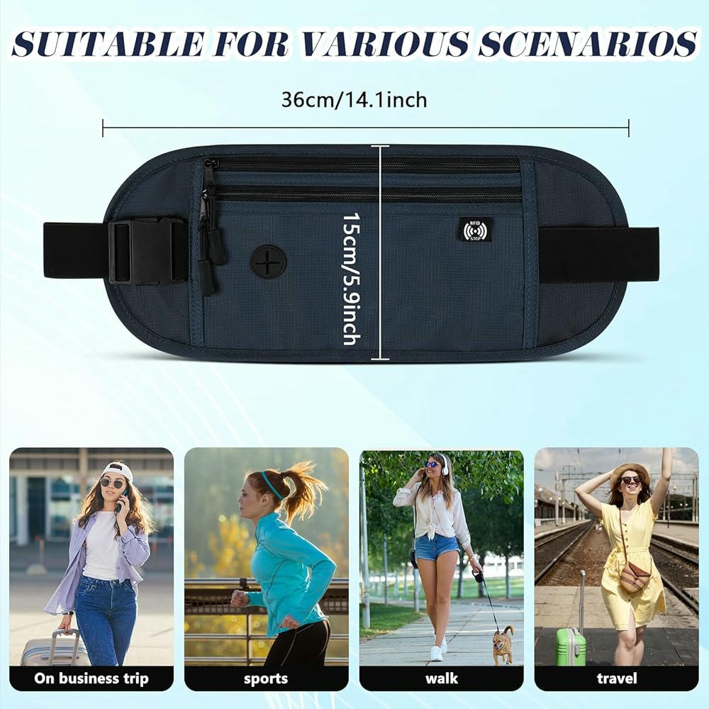 Riñonera impermeable para unisex, cinturón de dinero con bloqueo RFID, riñonera antirrobo para pasaporte y teléfono, color azul oscuro