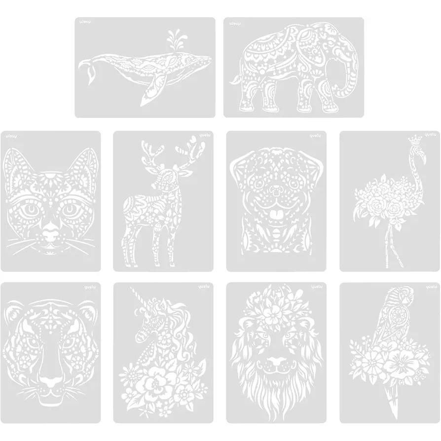 Set de 10 Plantillas de Calcado de Animales - Material PET Reutilizable, para Scrapbooking, DIY y Decoración de Paredes, Manualidades, Pintar y Dibujar, Dibujo de animales