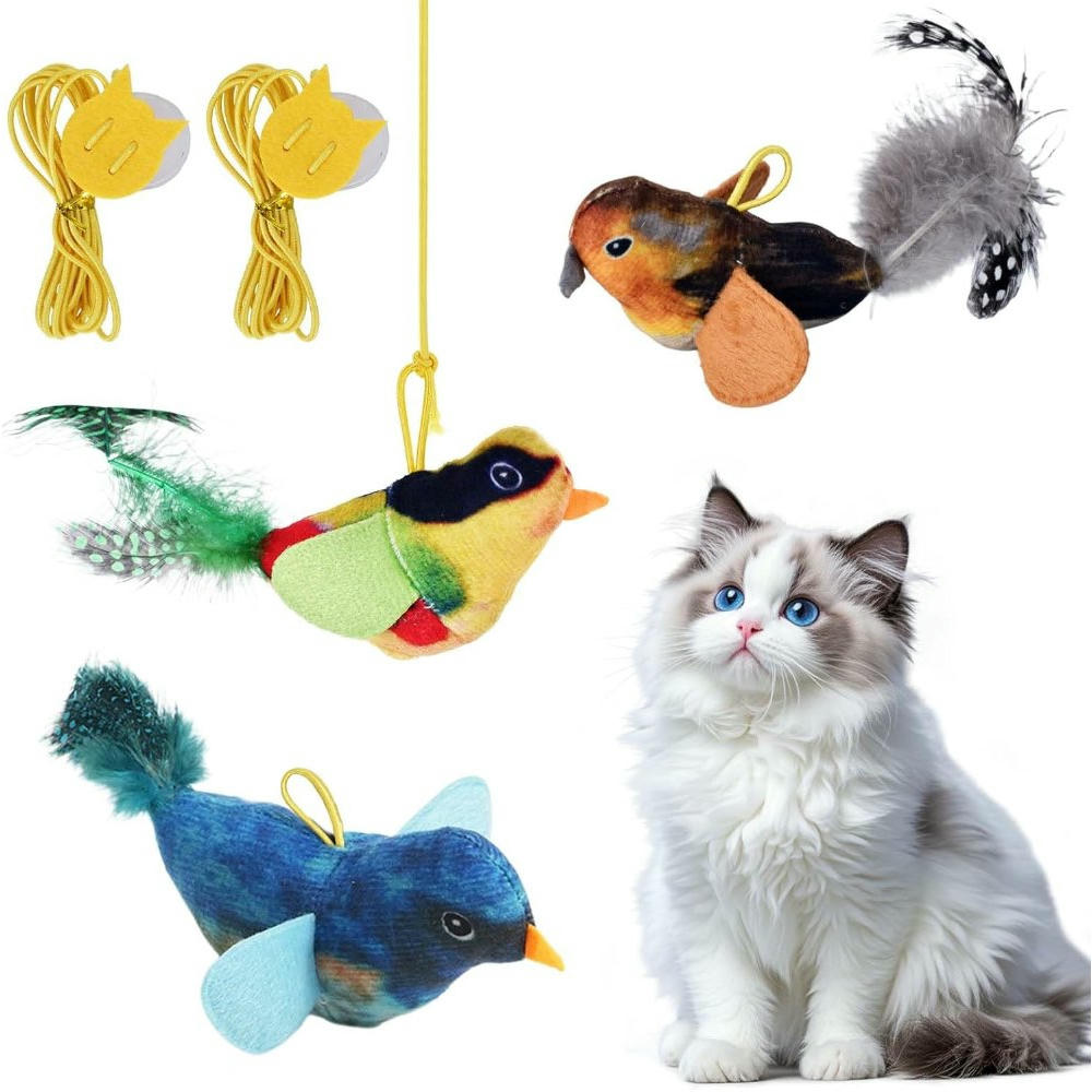 3 Piezas Juguete Interactivo para Gatos en Forma de Pájaro con Plumas y cuerda (Multicolor)