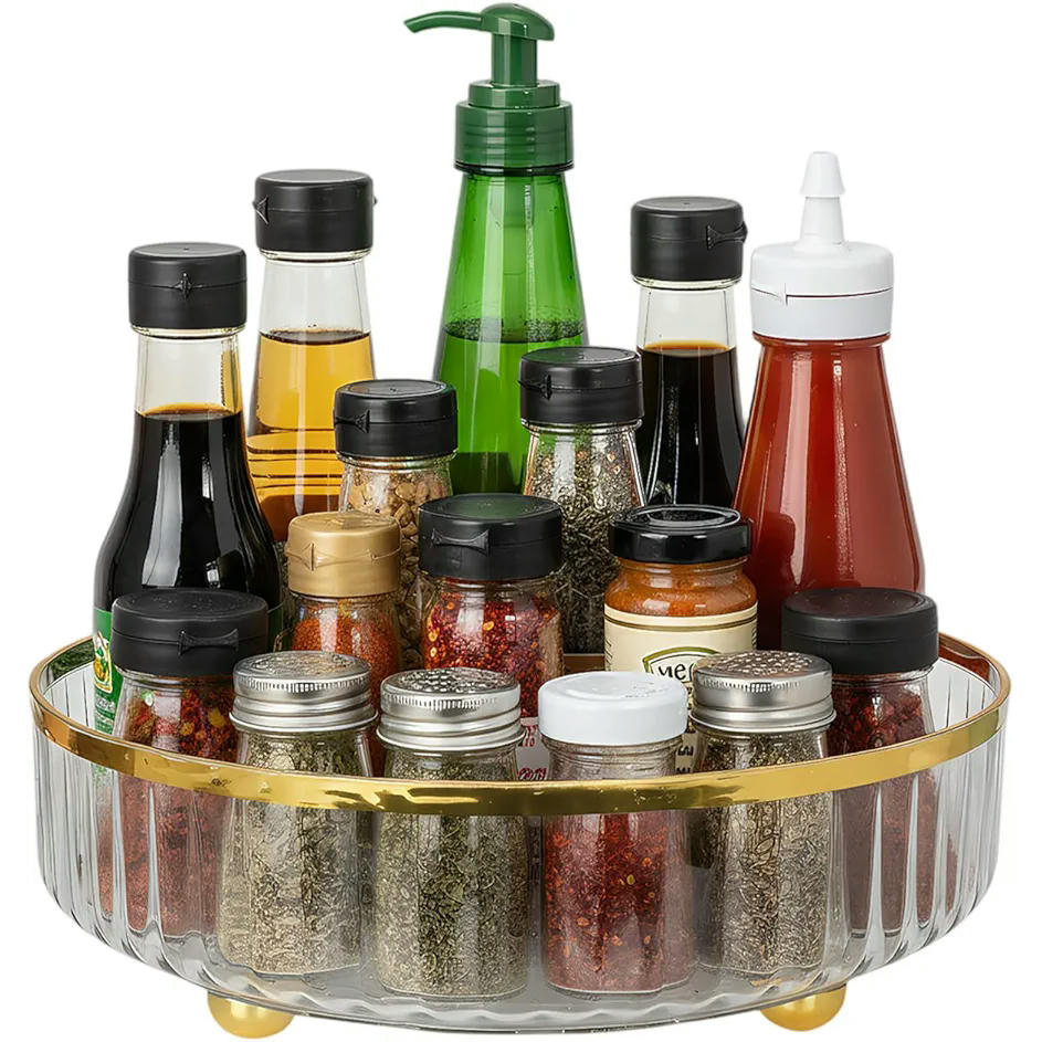 Especiero Giratorio Transparente 360 grados, Organizador Anti-Deslizante para Cocina y Baño, 27 cm de diámetro (Dorado)