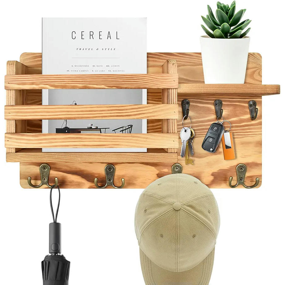 Organizador de Llaves y Correo de Madera Natural con 4 Ganchos Dobles, Estante Pared para Entrada, Diseño Rústico, Compatible con Decoración de Hogar