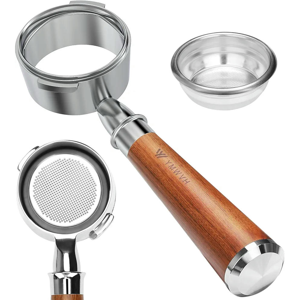 Portafiltro sin fondo de café, YMWVH 58 mm, portafiltro desnudo sin fondo compatible con Gaggia, mango de madera natural con cesta de filtro (58 mm)