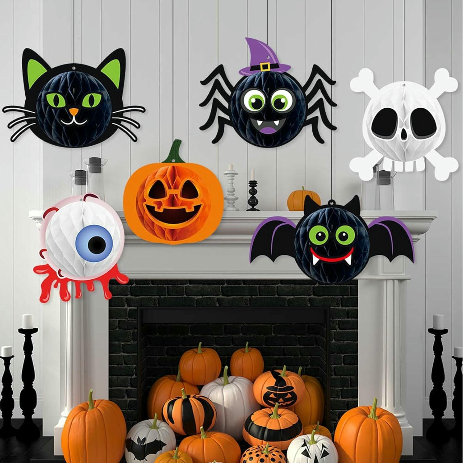 Adornos de Panal de Halloween, Decoraciones Colgantes de Papel, Set de 6 Piezas con Calabazas, Murciélagos y Arañas para Fiestas y Decoraciones