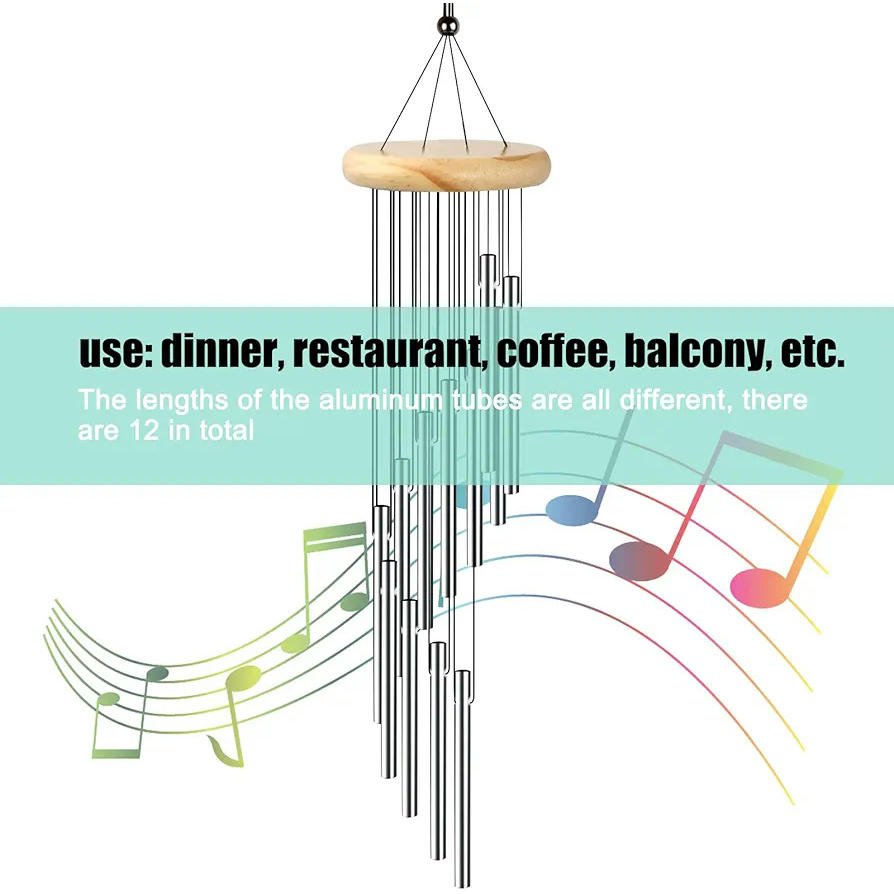 Campana de Vent de Metall, Carilló de Vent Exterior, 12 Tubus d'Alumini, Decoració per a Jardins i Balcons, Ideal per a Llars, Color Platejat