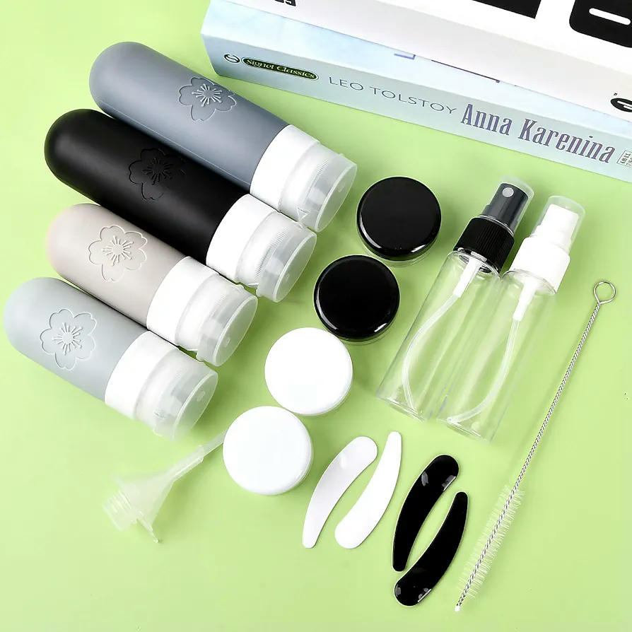 Botellas de viaje de silicona, set de 18 piezas, contenedores portátiles rellenables con bolsa transparente, recipientes para champú, lociones y líquidos (Gris)