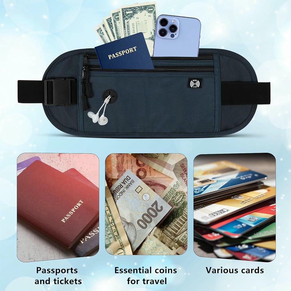 Riñonera impermeable para unisex, cinturón de dinero con bloqueo RFID, riñonera antirrobo para pasaporte y teléfono, color azul oscuro