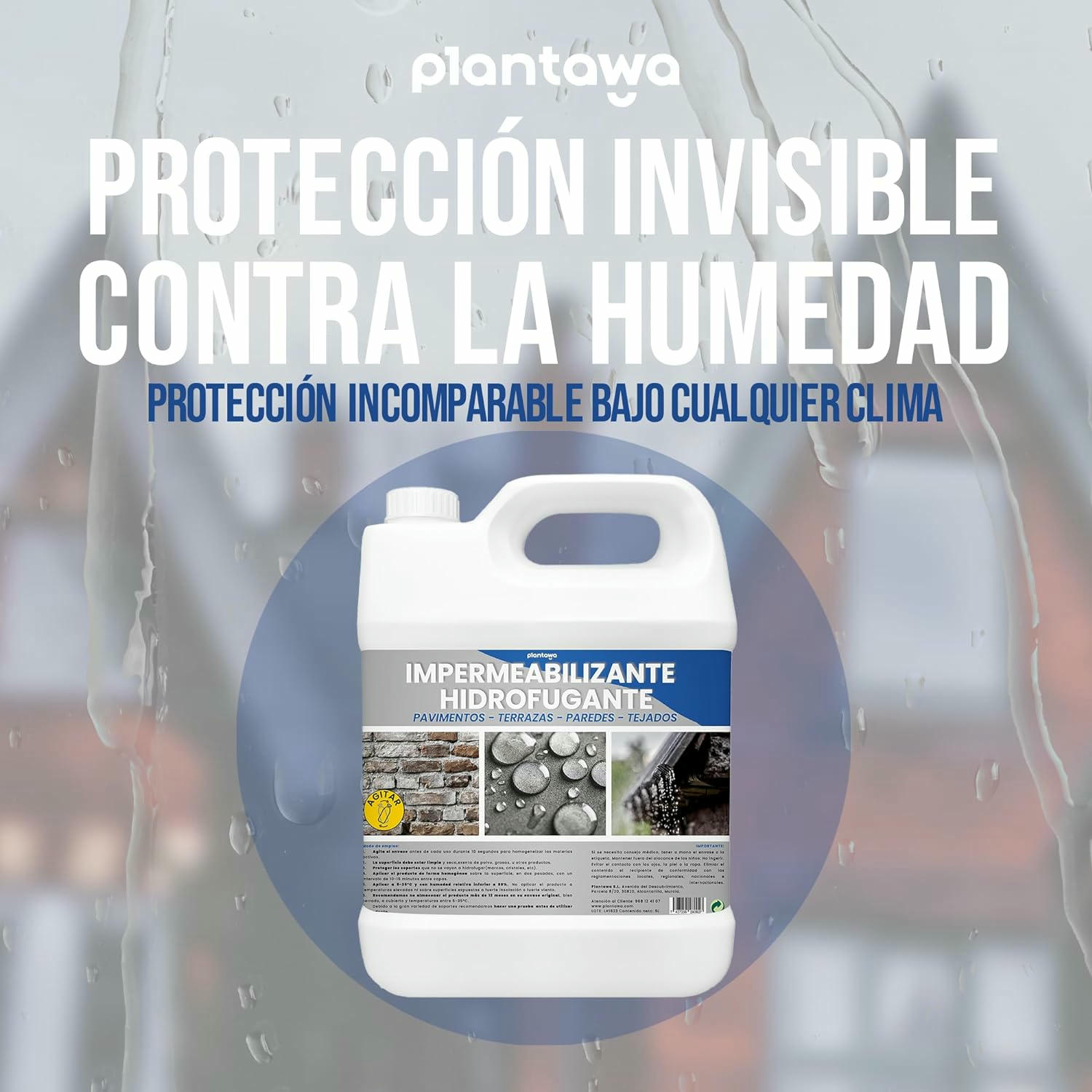 Plantawa Impermeabilizante Transparente. Hidrofugante Invisible, No Genera Película, Protección Total en Fachadas, Hormigón,Terrazas, Tejados. Repelente al Agua, waterproof (5 Litros).