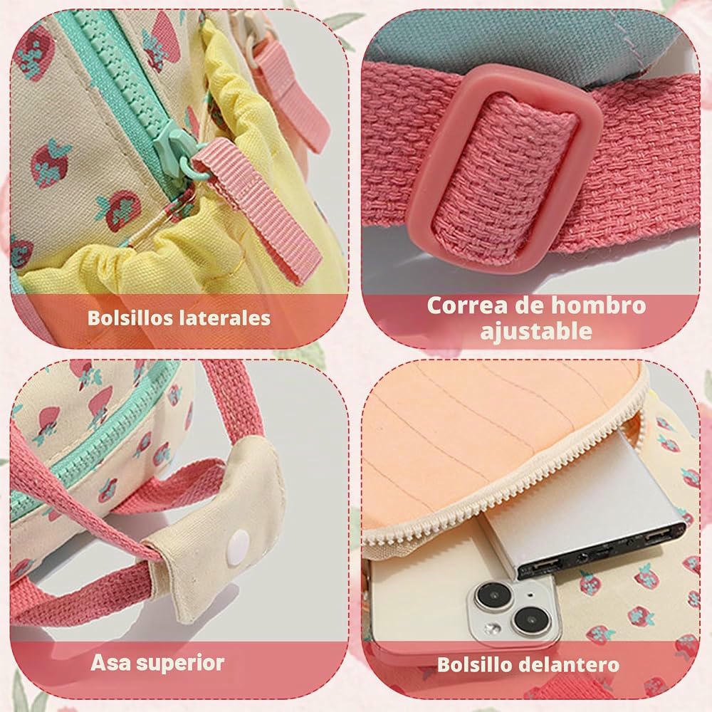 Mini mochila infantil con estampado de fresas, bolsa de viaje, talla S, color albaricoque y multicolor