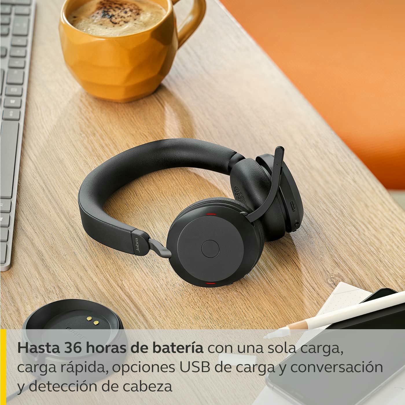 Jabra Evolve2 75 Auriculares Estéreo Inalámbricos para PC con tecnología de 8 micrófonos-Auriculares de Doble Espuma y Cancelación de Ruido Activa, Adaptador Bluetooth USB-A-Para MS Teams-Negro