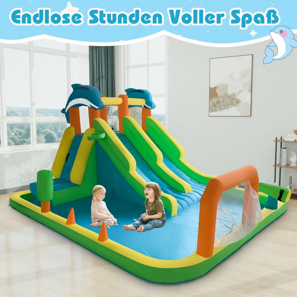 Castillo Inflable con Tobogán de Agua, Equipamiento Inflable, Parque Acuático para Niños, 2 Toboganes, Tema de Delfines, 393 x 304 x 220 cm