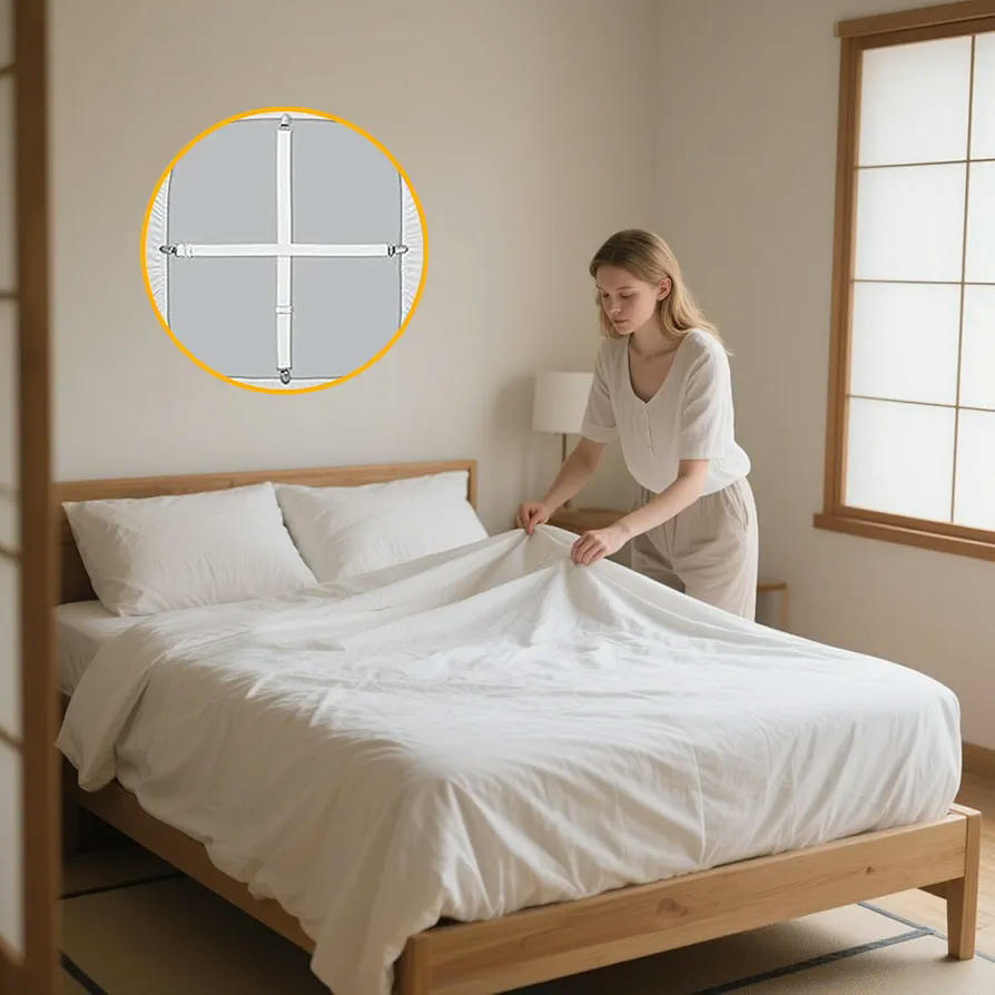 10 Sujetadores Ajustables para Sábanas, Clips de Metal para Colchones y Sofás, Correas Elásticas de 50 a 230 cm, Color Blanco