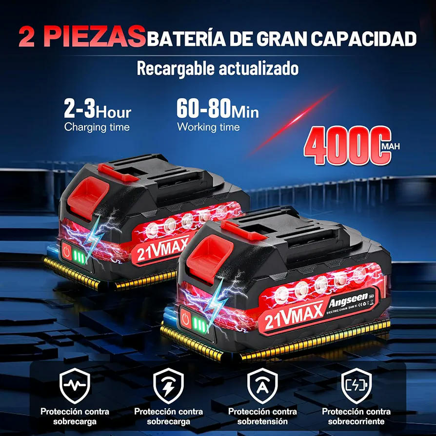 Mini motosierra eléctrica a batería para podar con 2 baterías, 850 W 6 pulgadas, con 2 cadenas, guantes, gafas y bloqueo de seguridad, para cortar madera y jardinería (Rojo)