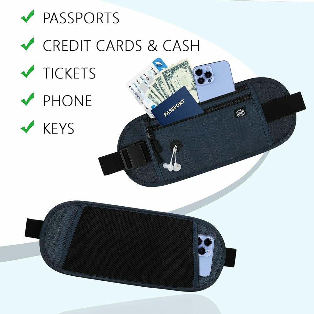 Riñonera impermeable para unisex, cinturón de dinero con bloqueo RFID, riñonera antirrobo para pasaporte y teléfono, color azul oscuro