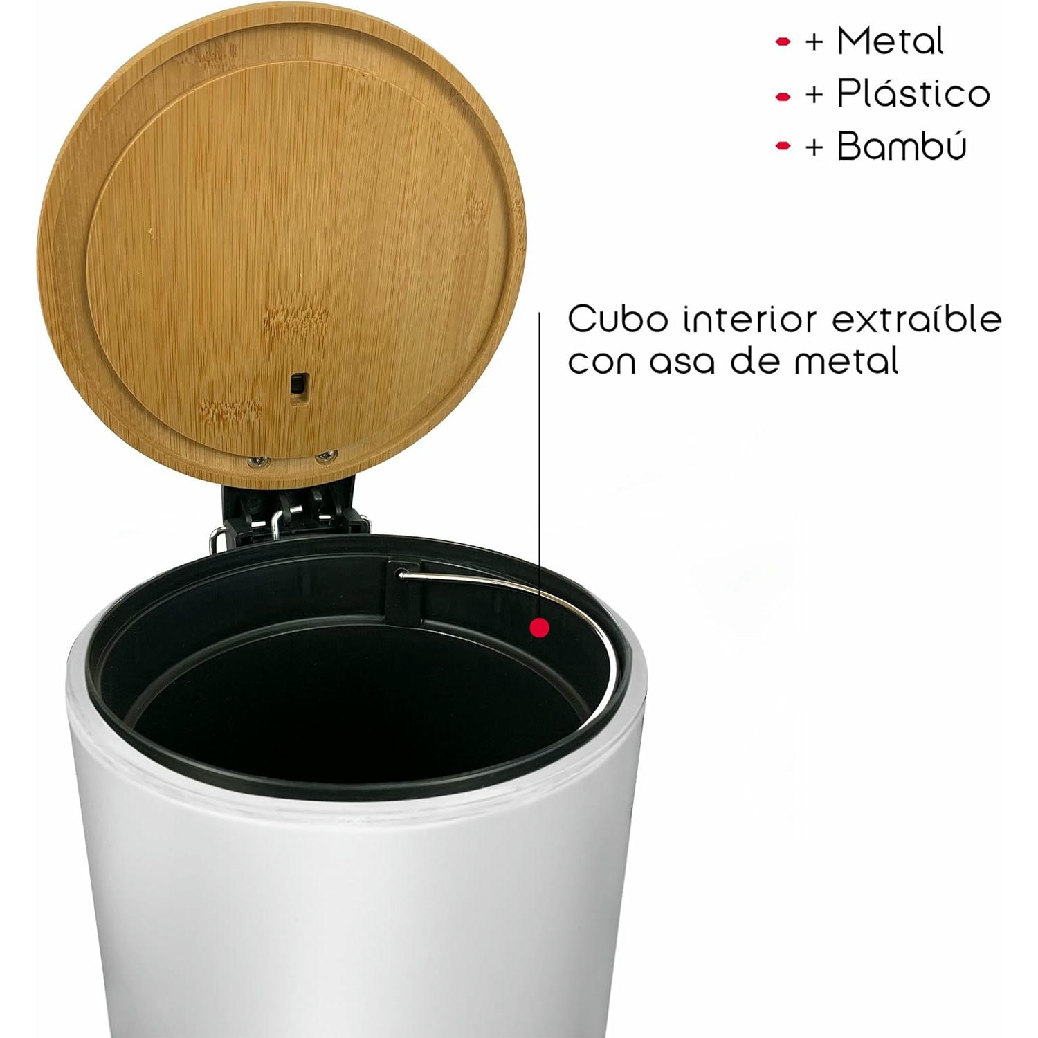 TIENDA EURASIA - Papelera de Metal con Tapa de Bambu, 3L, 17x22,5x23,5 cm, Cubo de Basura Pequeño con Pedal, Asa para Transportar, Metal y Bambu, para Baño, Cocina o Escritorio (Papelera Blanco)