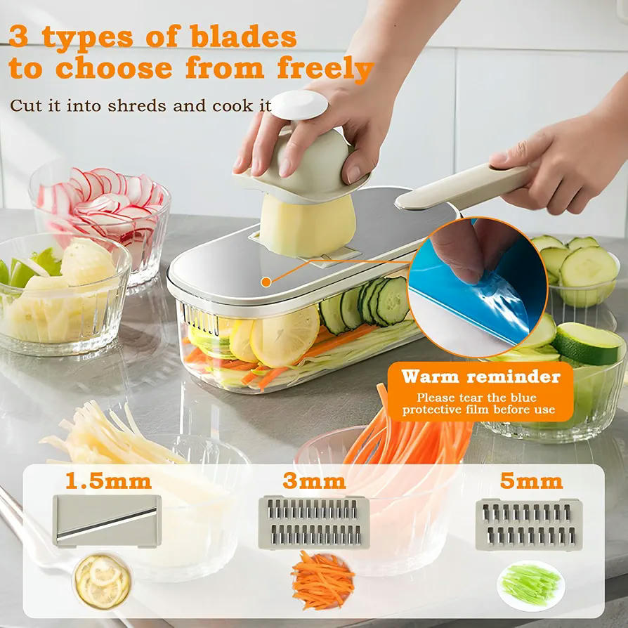 Mandolina de Cocina Profesional de Acero Inoxidable, Cortador 3 en 1, Ideal para Frutas y Verduras como Zanahorias y Patatas