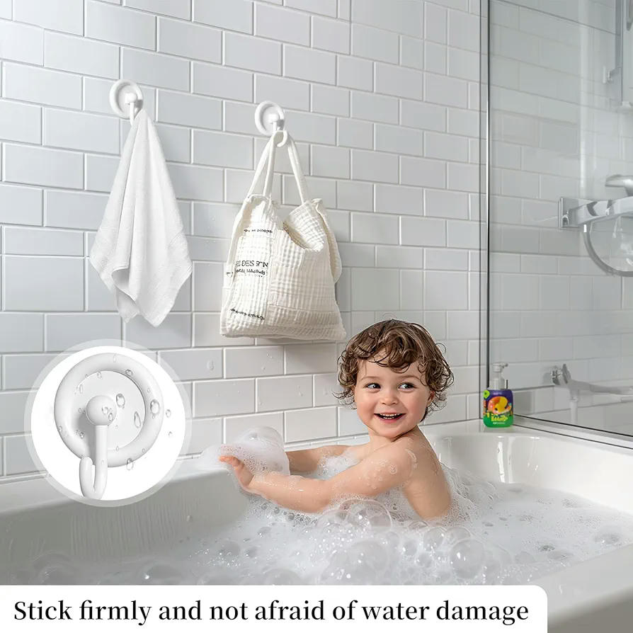 Juego de 4 ganchos adhesivos blancos de marca, ganchos en forma de J sin marcas, impermeables para baño y cocina, base adhesiva de 5,5 cm (Blanco)
