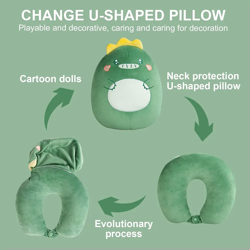 Almohada Ssuave Modelo U con Antifaz para Dormir, Almohada de Viaje para Niños y Niñas, Ideal para Avión y Coche, Diseño Dinosaurio (Verde)