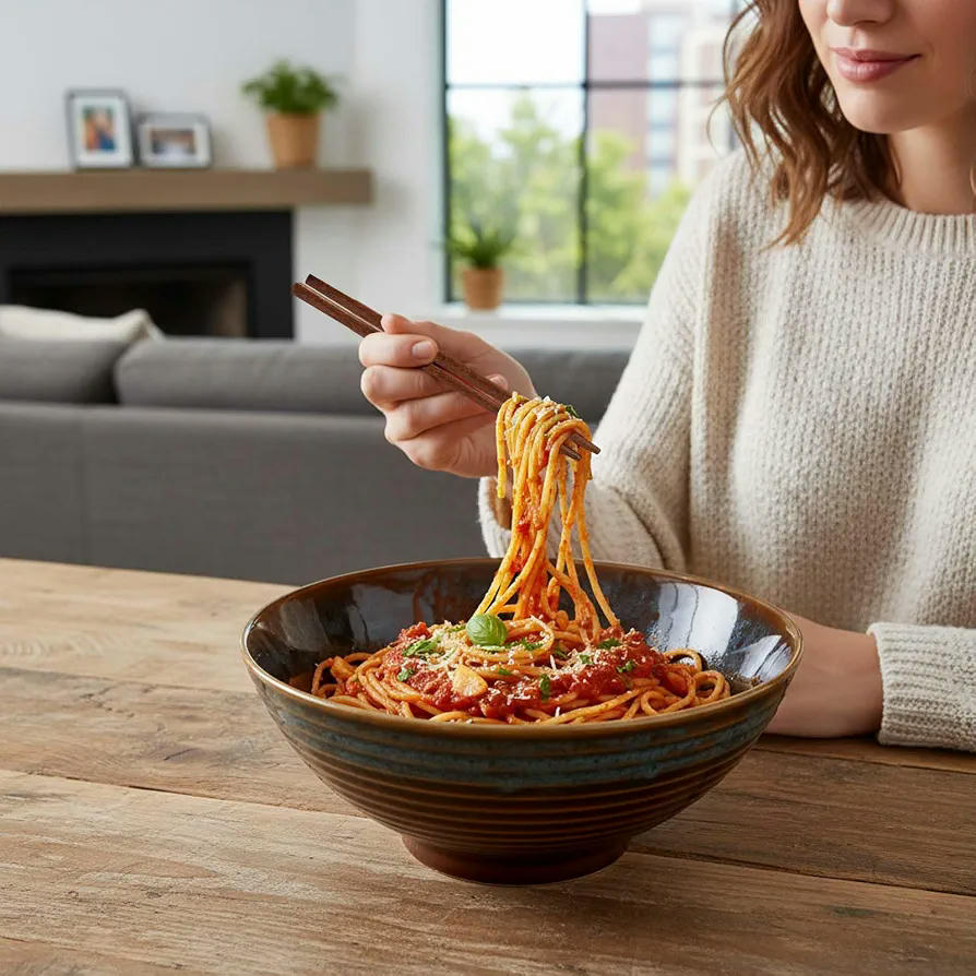 Set de 2 Tazones de Ramen de Cerámica de 1200ml con Palillos y Cuchara, Azul