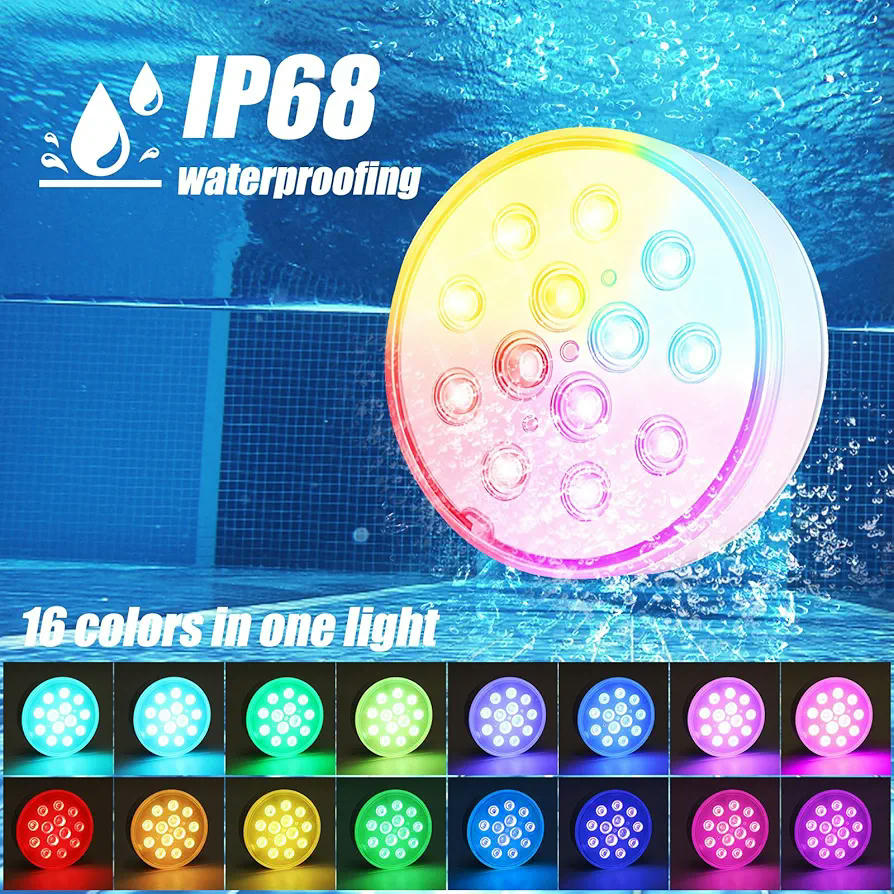 Luces LED impermeables IP68, 2 unidades, mando a distancia, 16 colores RGB, ideal para piscina, jardín y acuarios, 13 luces LED