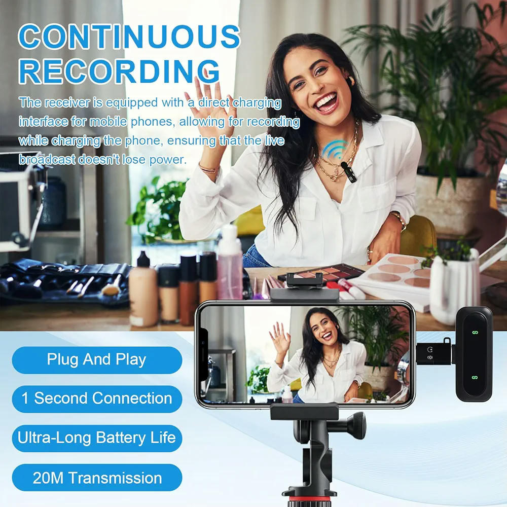 Micrófono de solapa inalámbrico con receptor, adaptador Lightning y filtros antipop, compatible con iPhone, iPad, dispositivos Android y PC, ideal para grabación y streaming