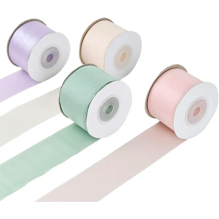 Cinta Organza 38mm x 18m en 4 Colores para Decoración y Manualidades (Multicolor Pasteles)