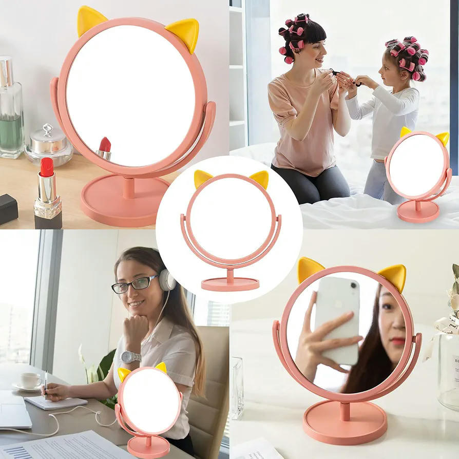 Espejo de Maquillaje Redondo Ajustable 15 cm con Diseño de Orejas de Gato Plegable y Desmontable, Amarillo