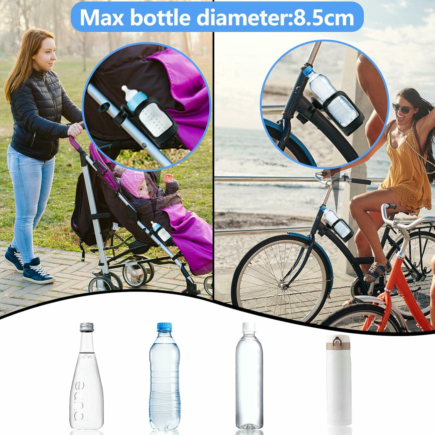 Portavasos Universal Ajustable para Cochecito y Bicicleta - 360 Grados, Ideal para Botellas y Tazas