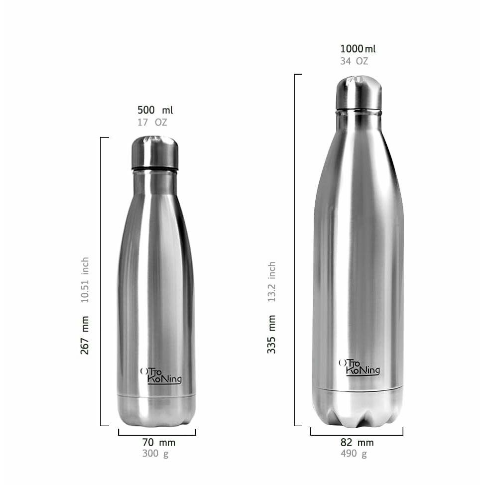 Botella de Agua Acero Inoxidable 1 Litro-Otto Koning-Botella Térmica con Doble Aislamiento al vacío para 12 Horas de Bebida Caliente y 24 Horas de Bebida Fría. Botella Termo a Prueba de Fugas sin BPA