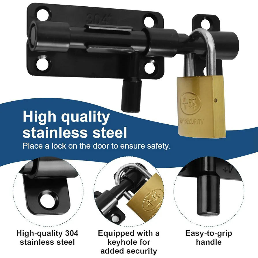 Kit de Cerrojos y Candados de Acero Inoxidable - Incluye Tornillos y Llaves - Ideal para Puertas Exteriores (Negro)
