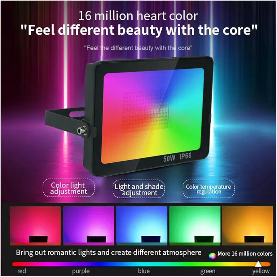 Foco LED Exterior RGB 50W, Control por APP WiFi y Bluetooth, Proyector LED Impermeable IP66, Iluminación para Jardín, Garaje, Patio